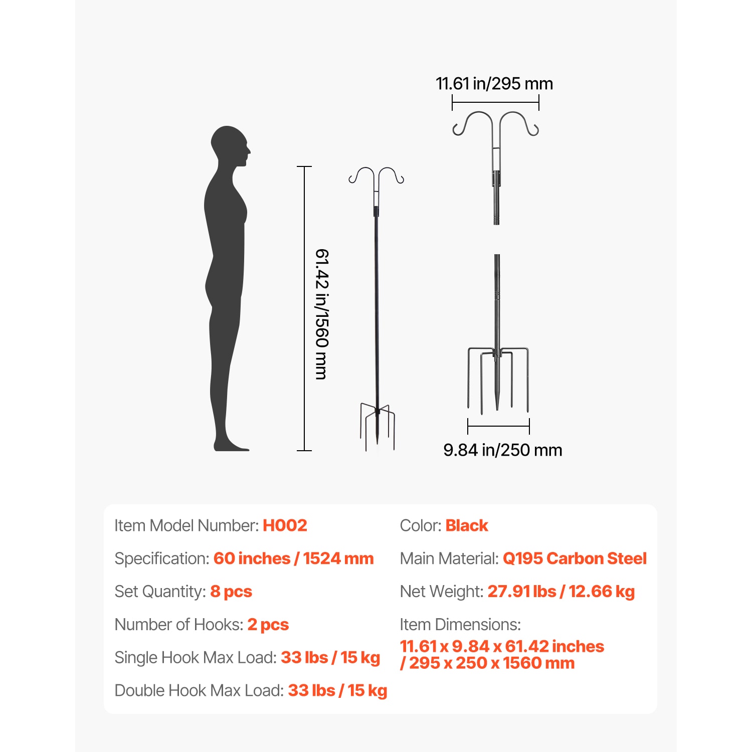 Double Shepherds Hook 8 Pack 60 Inch Heavy Duty Bird Feeder Pole_voghion.com